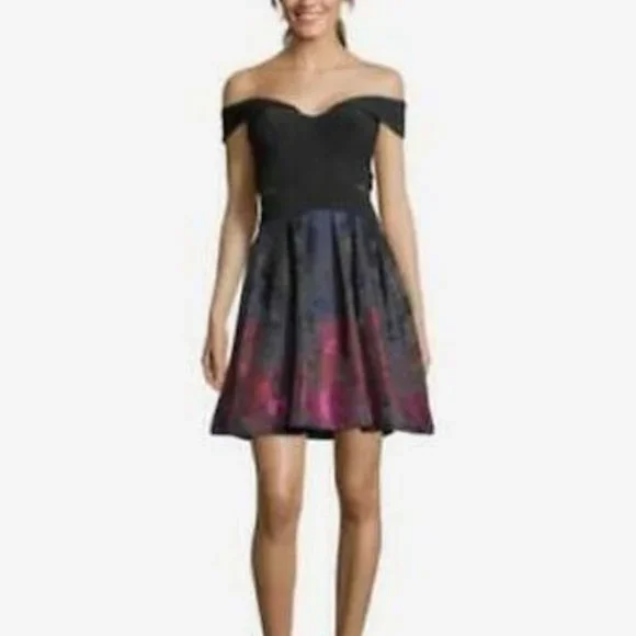 Xscape Womens Off-The Shoulder Fit & Flare Cocktail Dress Black 2